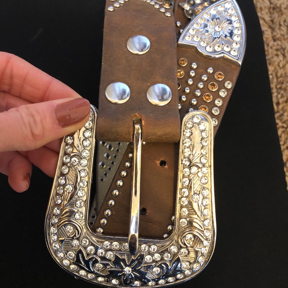 Western rhinestone belt brown leather Nocona